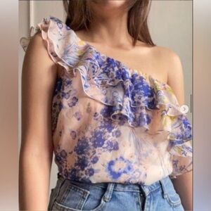 Anthropologie Leith Watercolor Blue Cream Ruffle One‎ Shoulder Blouse XS NWOT